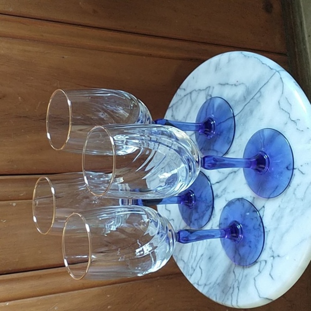 Lenox Wine Glasses Swag Bowls Royal Blue Stem Gold Rim Set of 4